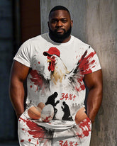 Big Men's Satire Abstract Rooster Traffiti Printed Casual Short Sleeve T-Shirt Shorts Set